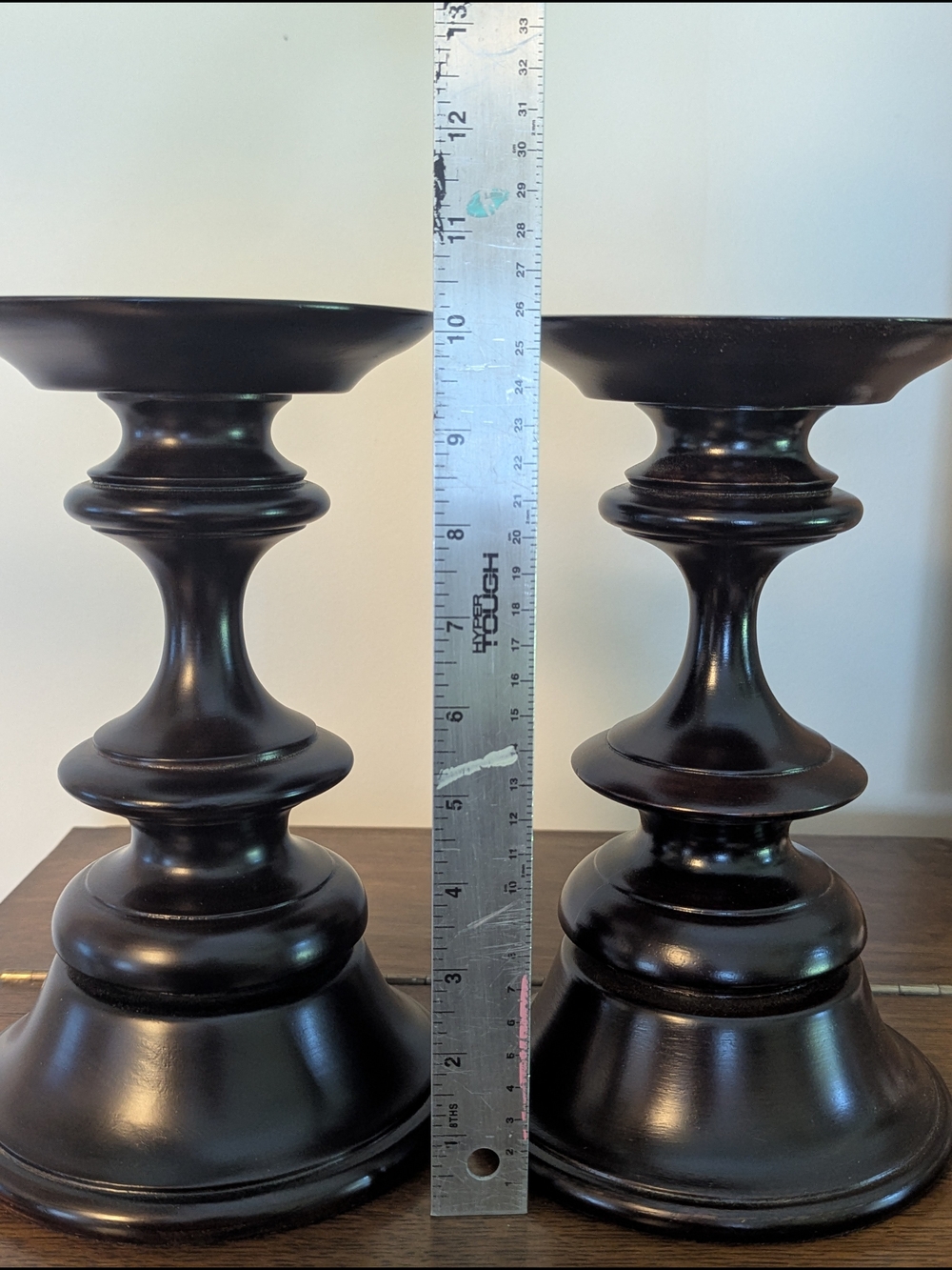 Pottery Barn Dark Brown Turned Wood Pillar Candlesticks - Pair - Picture 2 of 4
